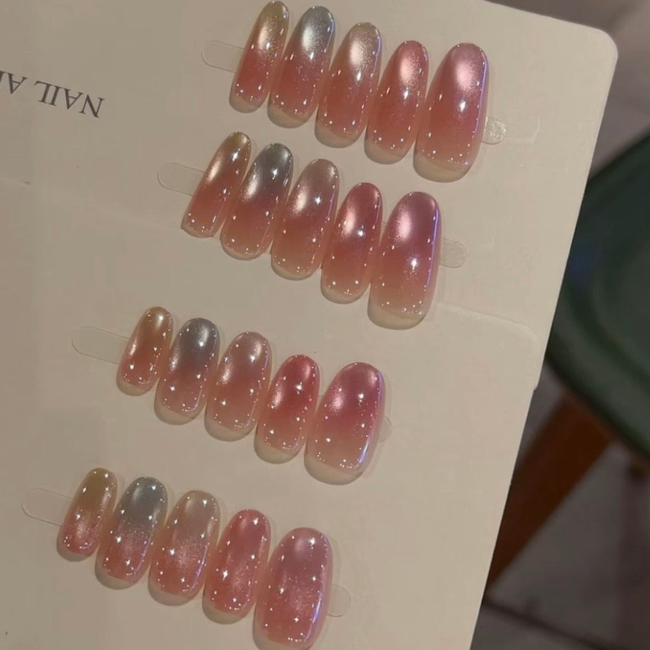 Pink Aurora Cat Eye Oval Press-On Nails