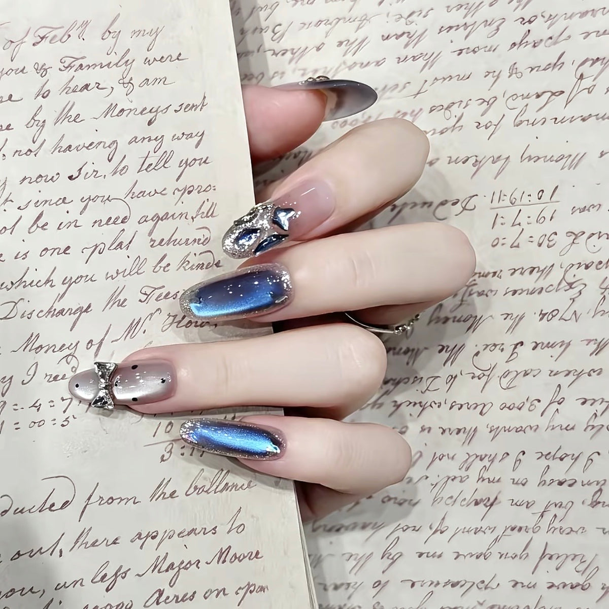 Midnight Blue Bow Cat Eye Press-On Nails