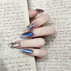 Midnight Blue Bow Cat Eye Press-On Nails