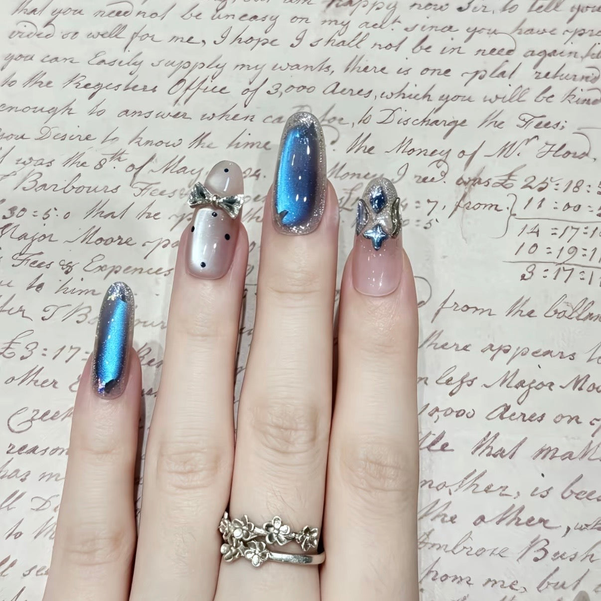 Midnight Blue Bow Cat Eye Press-On Nails