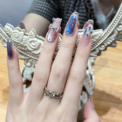 Midnight Blue Bow Cat Eye Press-On Nails